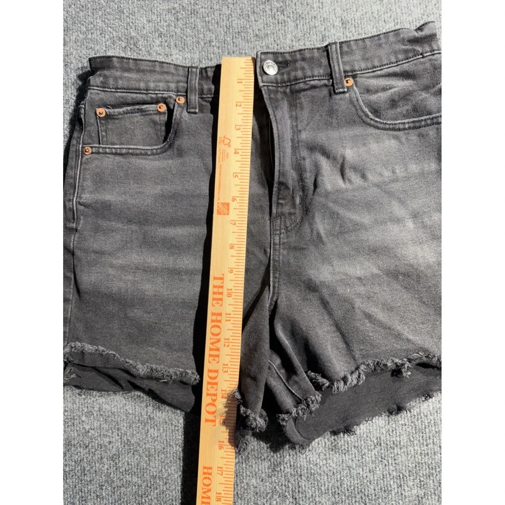 American Eagle Women 10 Black High Waisted Raw Hem‎ Denim Shorts Stretch